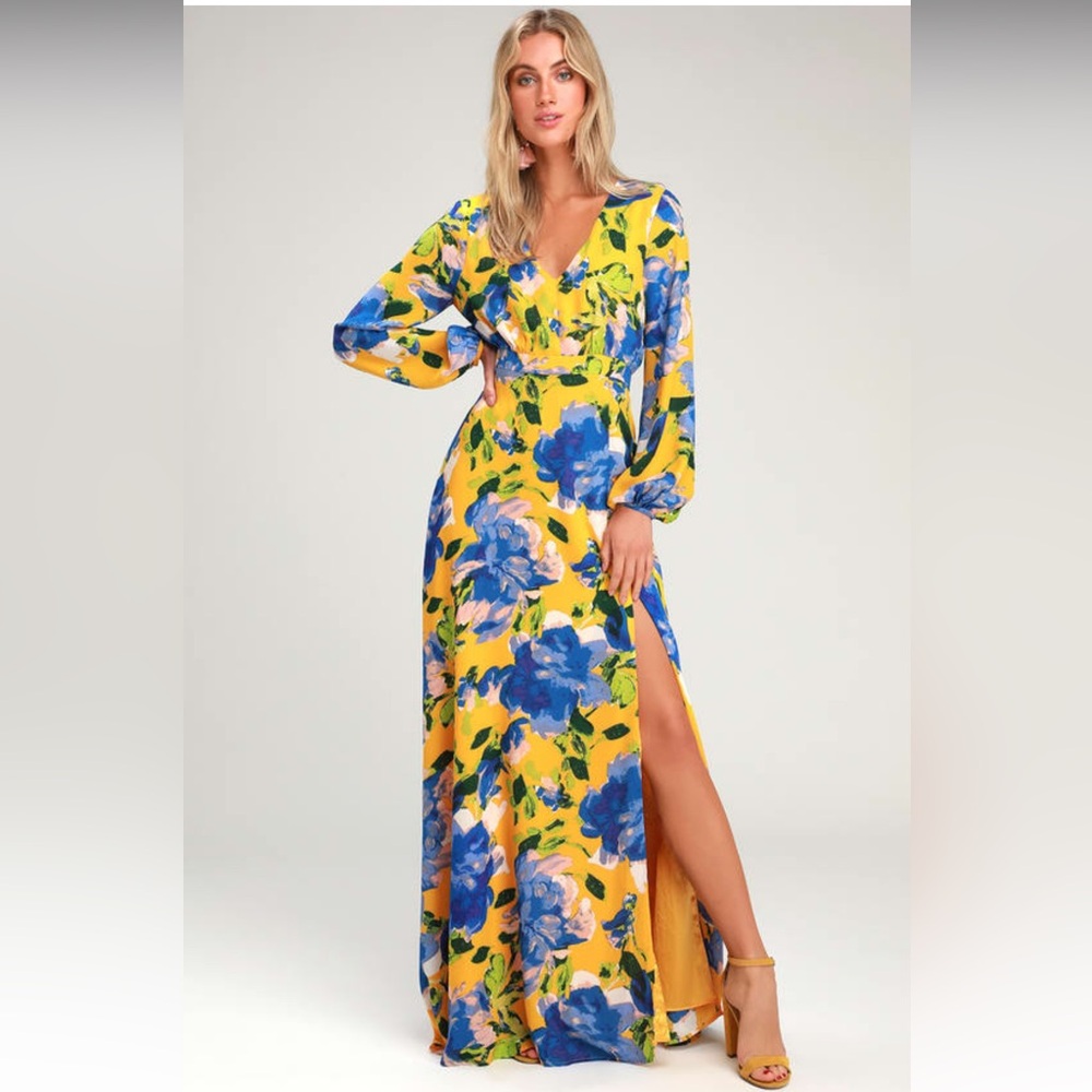 Lulu’s Carolita Yellow Floral Print Long Sleeve Maxi Dress